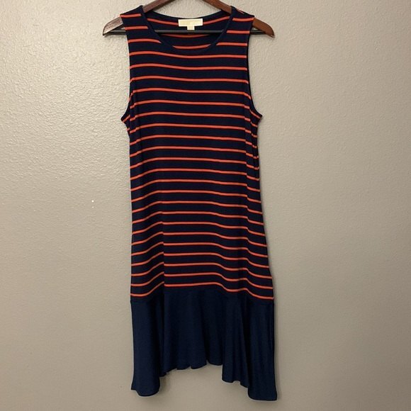 MICHAEL Michael Kors Womans Shark Bite Hem Dress. Blue with Orange/red stripes L - Picture 2 of 10